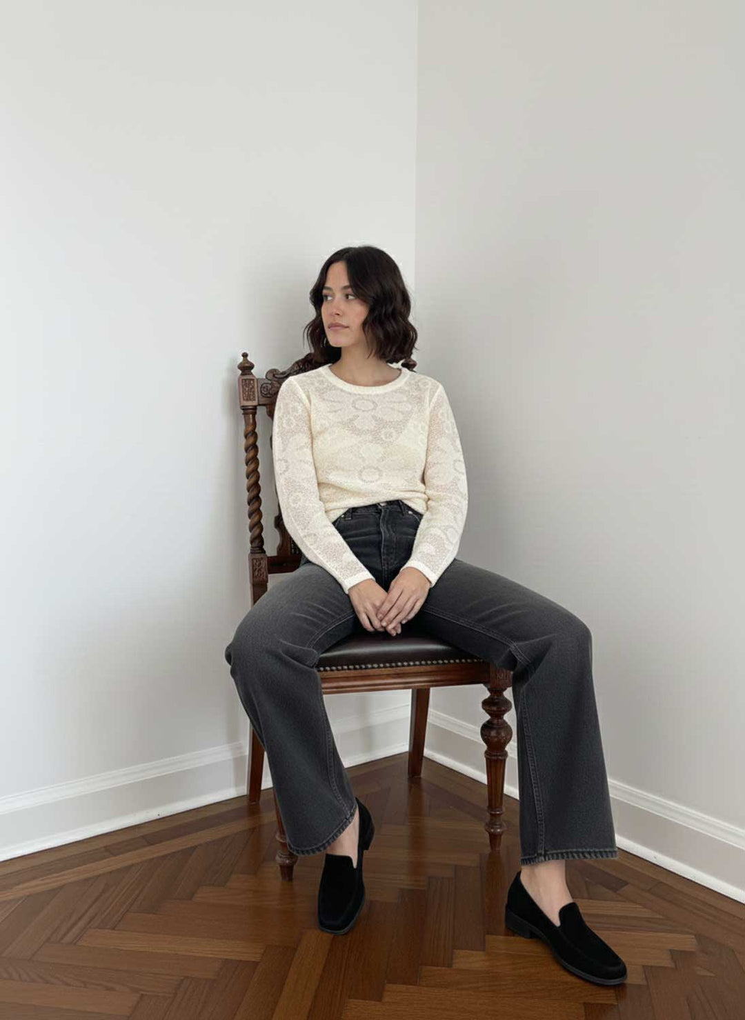 Fern Textured Crochet Knit Jumper Cream