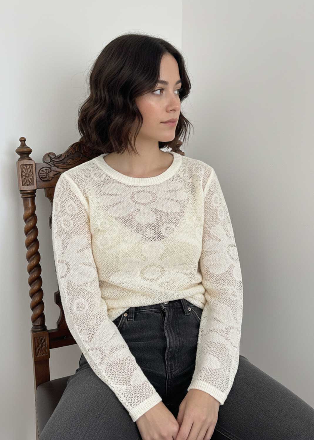 cream floral crochet knit top