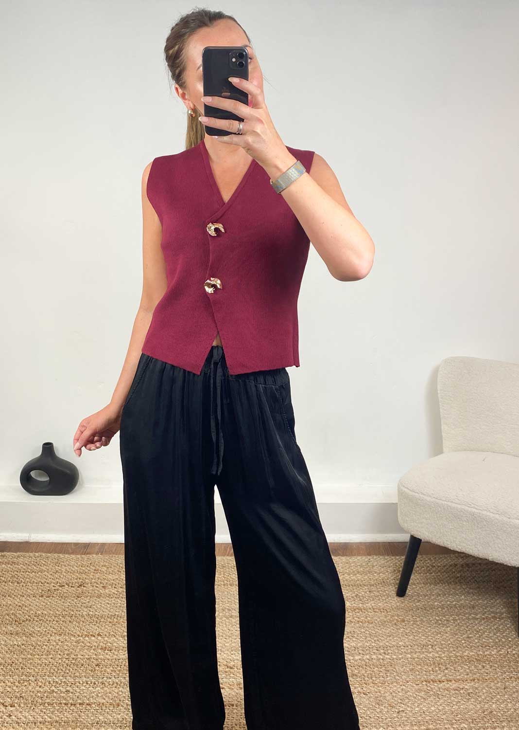 Gaelle Gold Button Knit Waistcoat Burgundy
