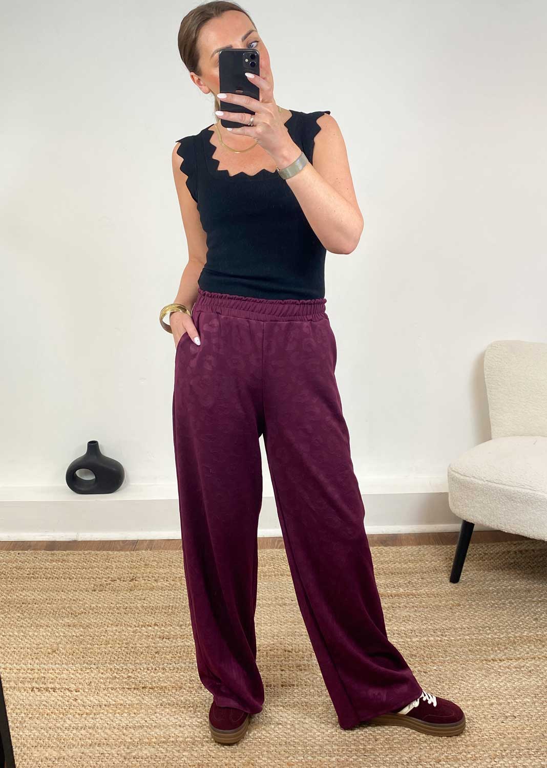 Burgundy leopard wide leg trousers with elasticated waist and pockets 