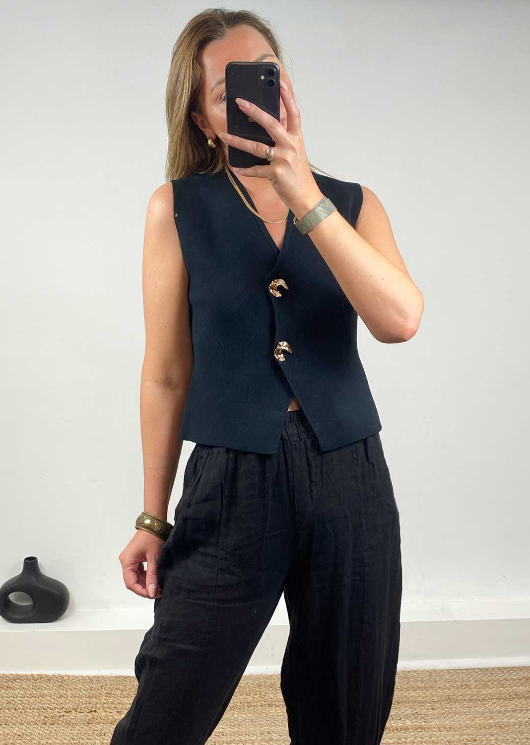 Gaelle Gold Button Knit Waistcoat  Black
