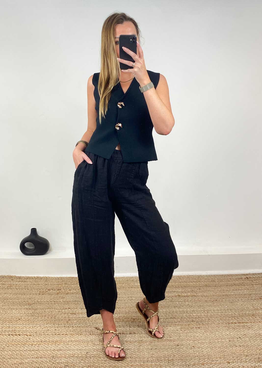 Gaelle Gold Button Knit Waistcoat  Black