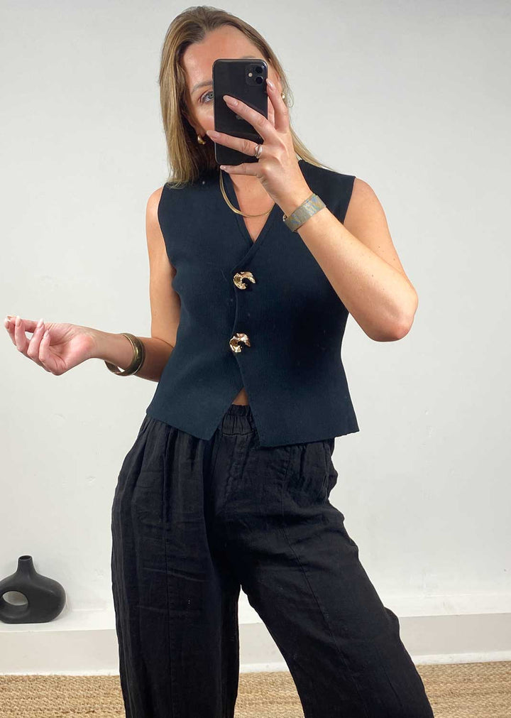 Gaelle Gold Button Knit Waistcoat  Black