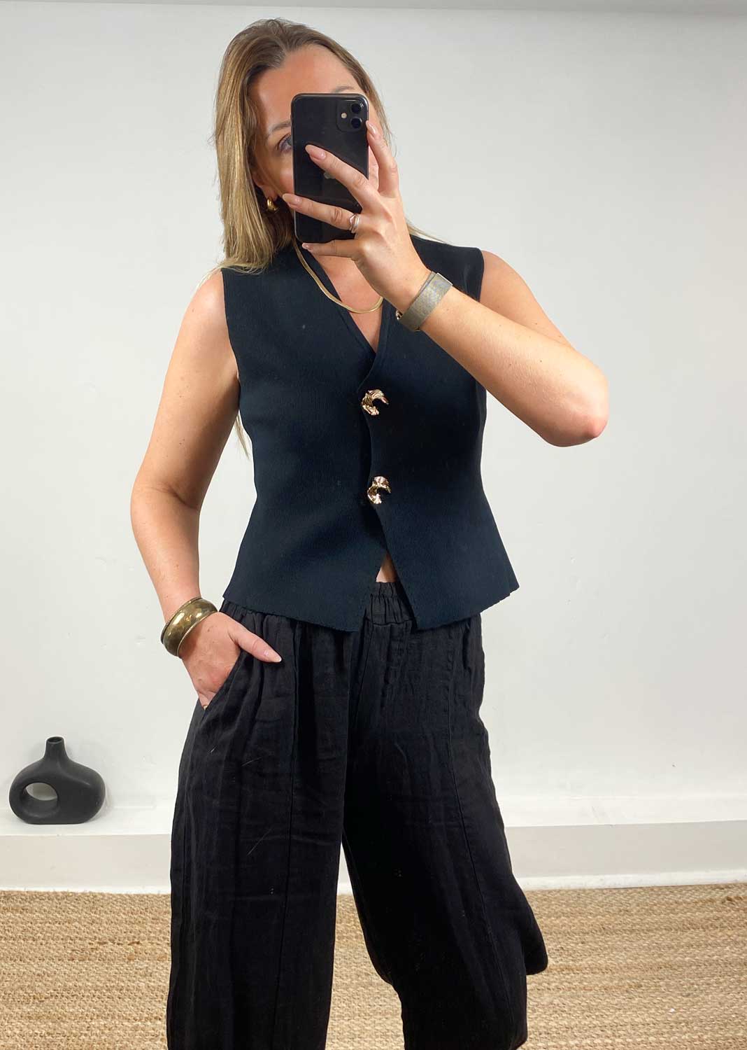 Gaelle Gold Button Knit Waistcoat  Black