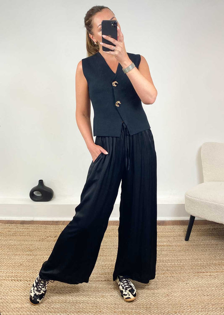Gaelle Gold Button Knit Waistcoat  Black