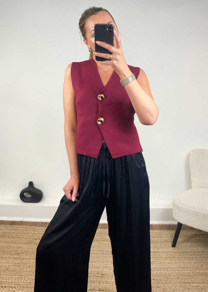 Gaelle Gold Button Knit Waistcoat Burgundy