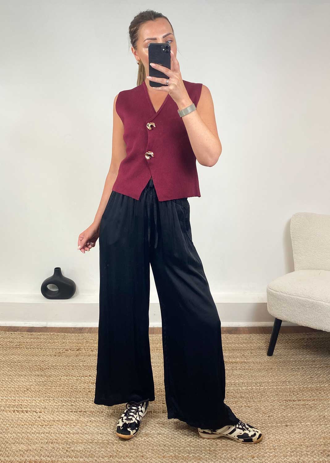 Gaelle Gold Button Knit Waistcoat Burgundy