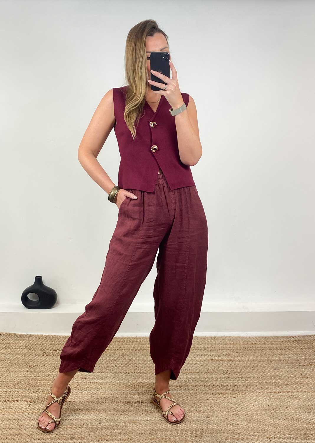Gaelle Gold Button Knit Waistcoat Burgundy