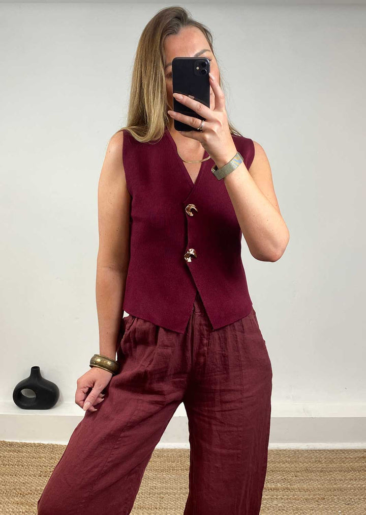 Gaelle Gold Button Knit Waistcoat Burgundy