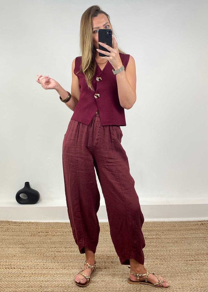 Gaelle Gold Button Knit Waistcoat Burgundy