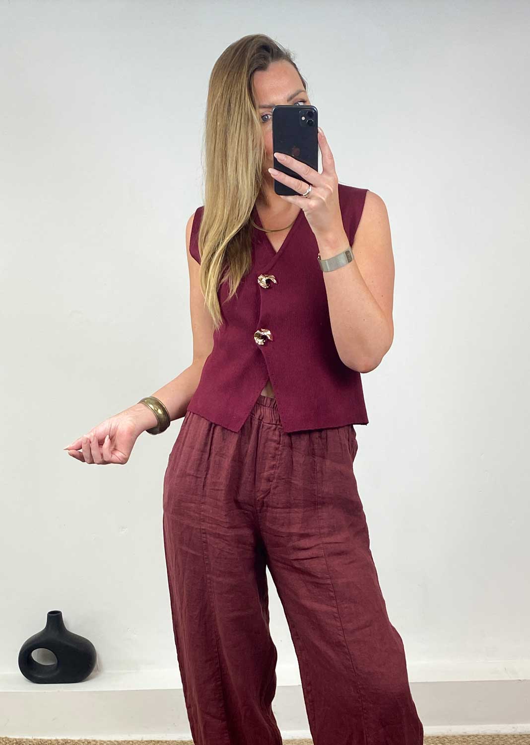 Gaelle Gold Button Knit Waistcoat Burgundy