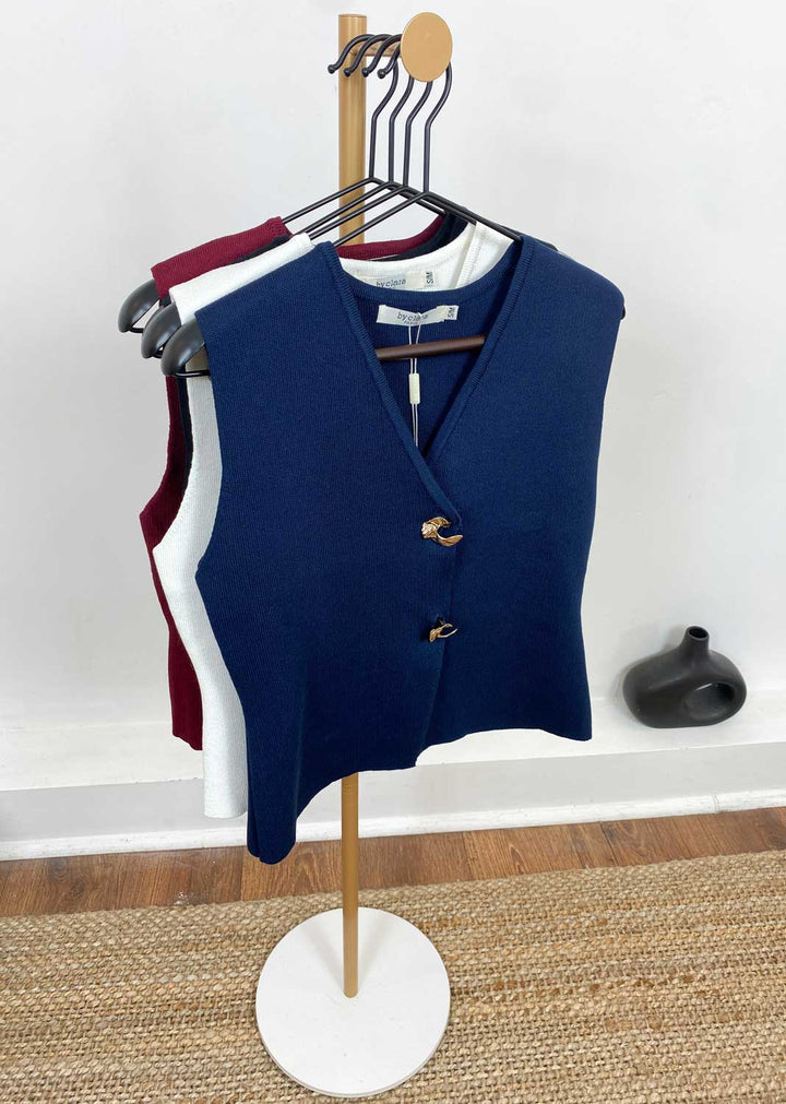 Gaelle Gold Button Knit Waistcoat Navy