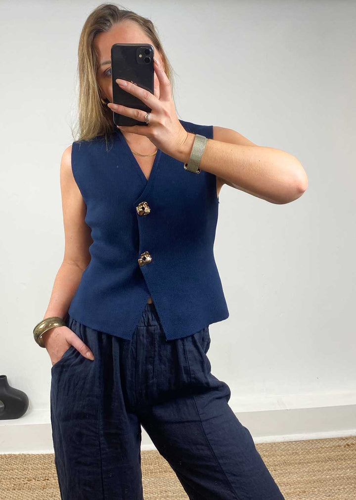 Gaelle Gold Button Knit Waistcoat Navy