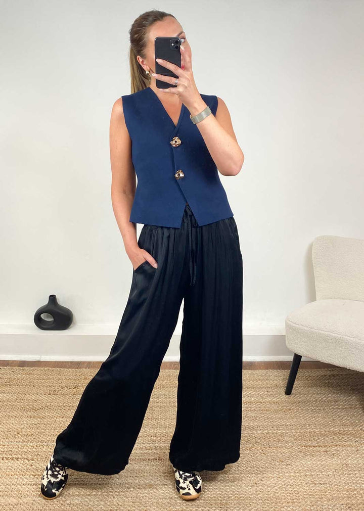 Gaelle Gold Button Knit Waistcoat Navy