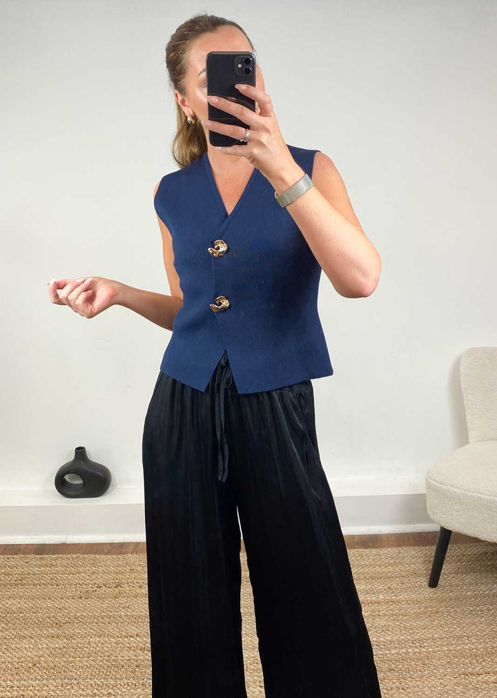 Gaelle Gold Button Knit Waistcoat Navy