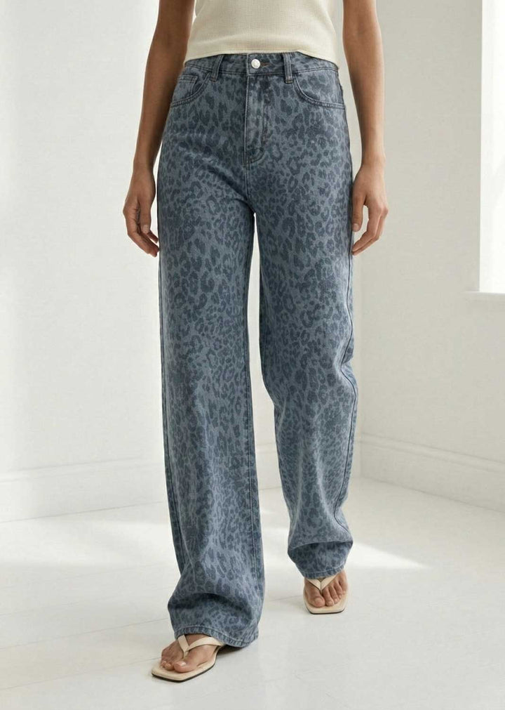 Valerie Wide Leg Leopard Jeans Blue