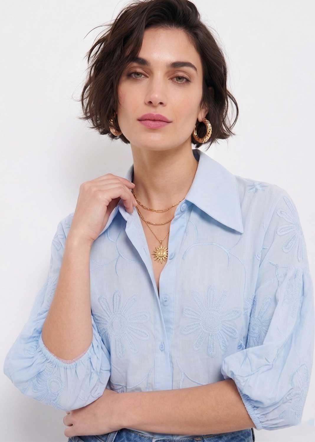 Gia Blue Embroidered Puff Sleeve Blouse