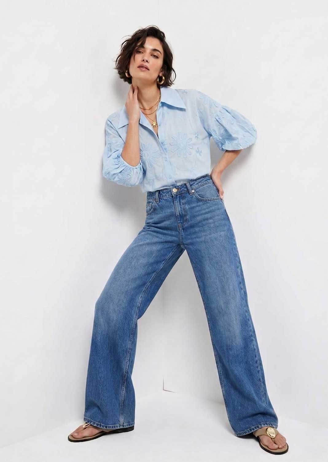 Gia Blue Embroidered Puff Sleeve Blouse