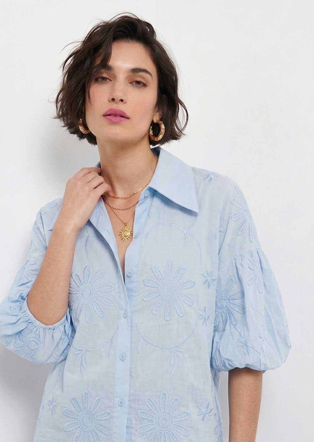 Gia Blue Embroidered Puff Sleeve Blouse