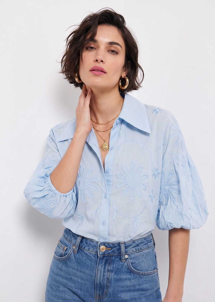 Gia Blue Embroidered Puff Sleeve Blouse