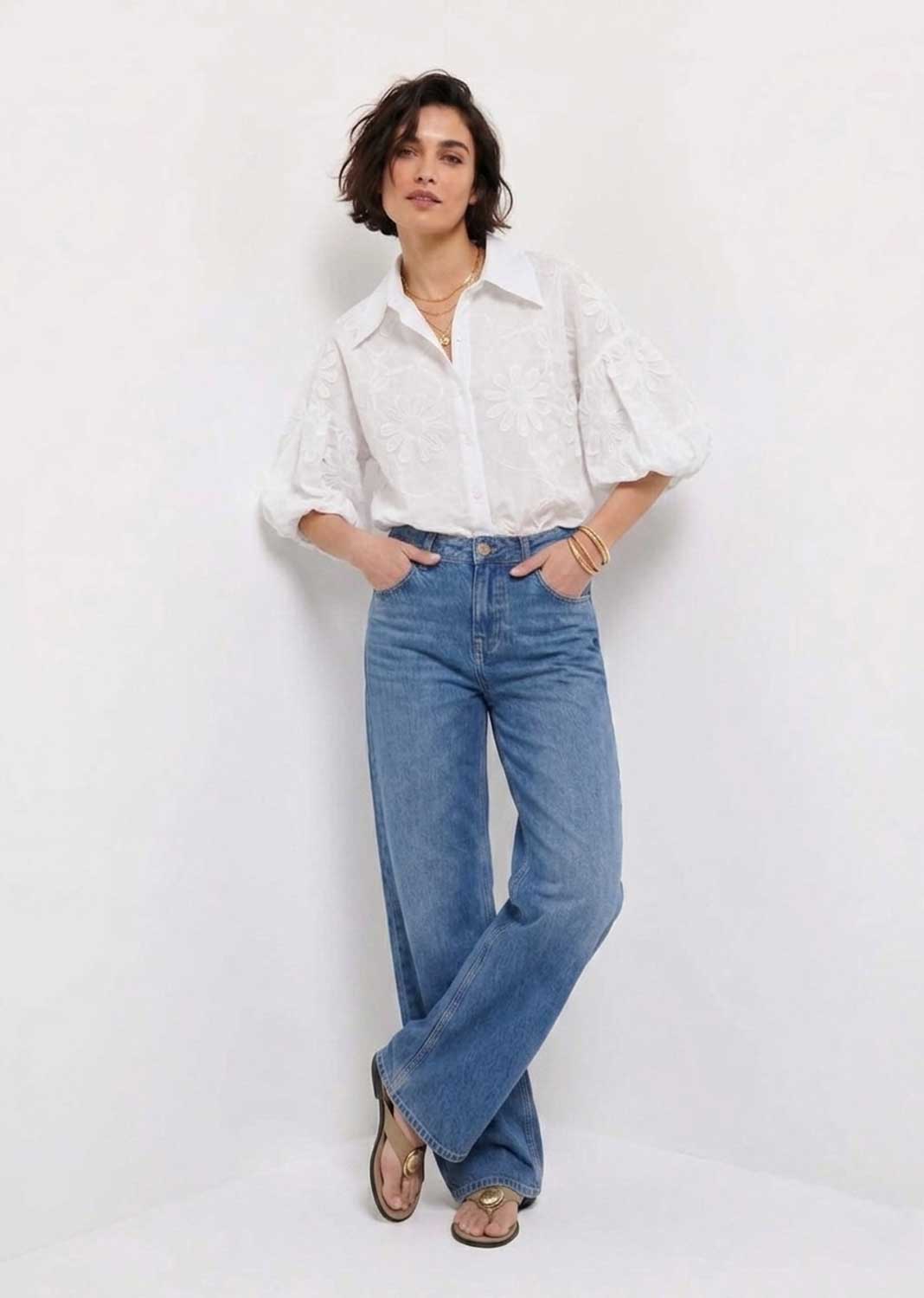 Gia White Embroidered Puff Sleeve Blouse