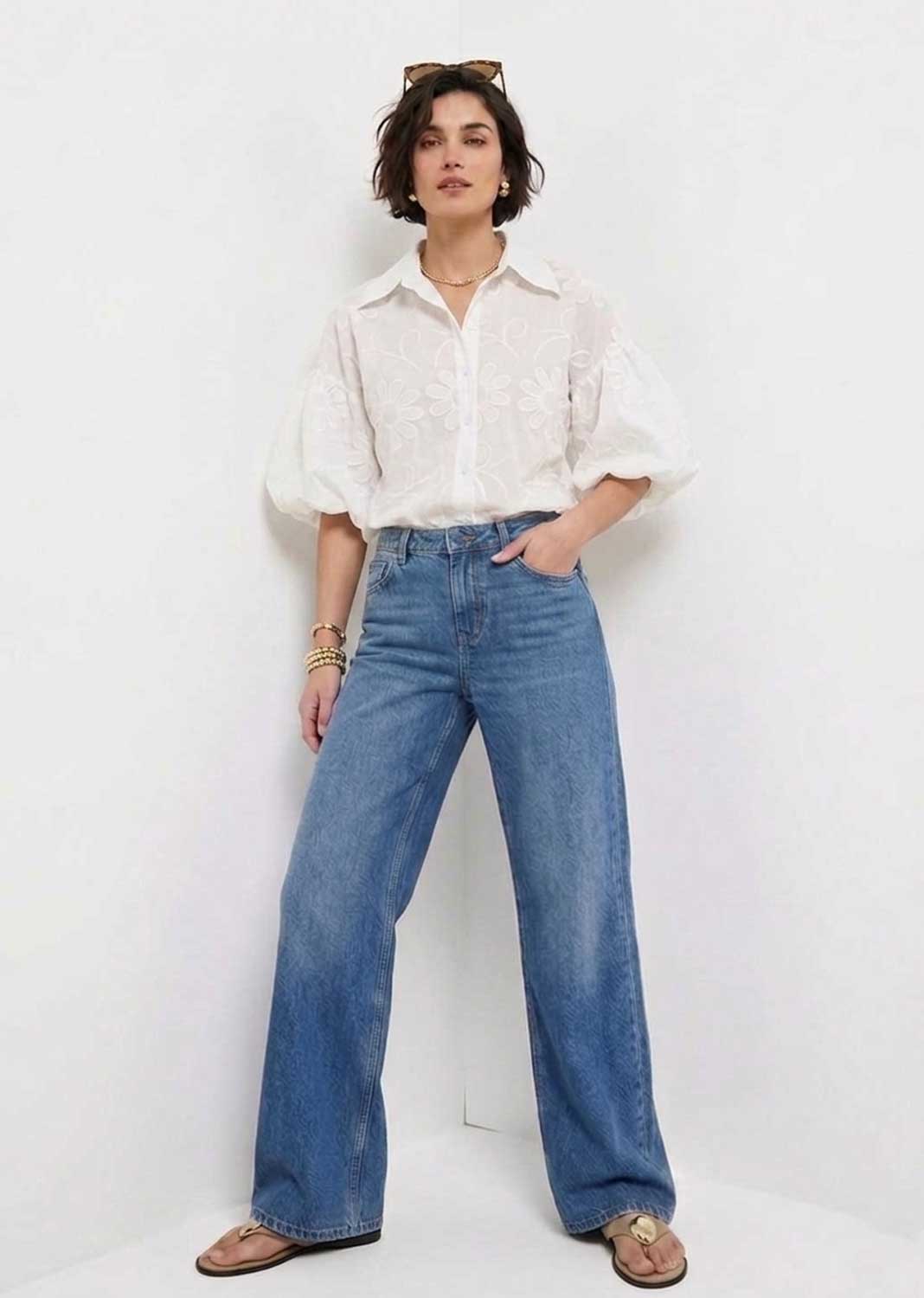 Gia White Embroidered Puff Sleeve Blouse