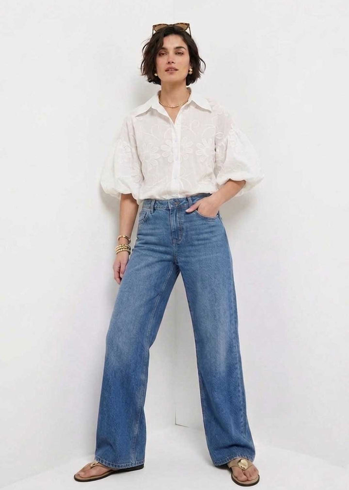 Gia White Embroidered Puff Sleeve Blouse