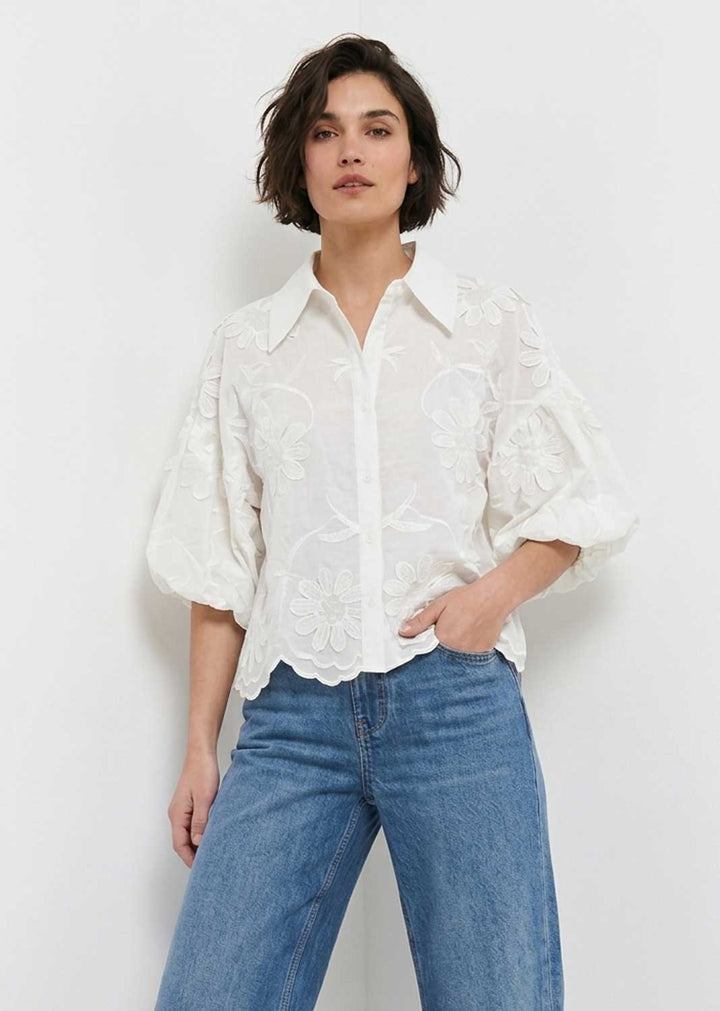 Gia White Embroidered Puff Sleeve Blouse