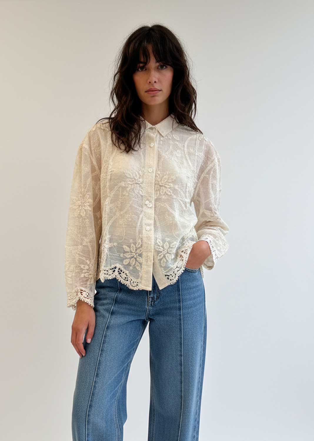 Giselle Embroidered Cotton Blouse Cream