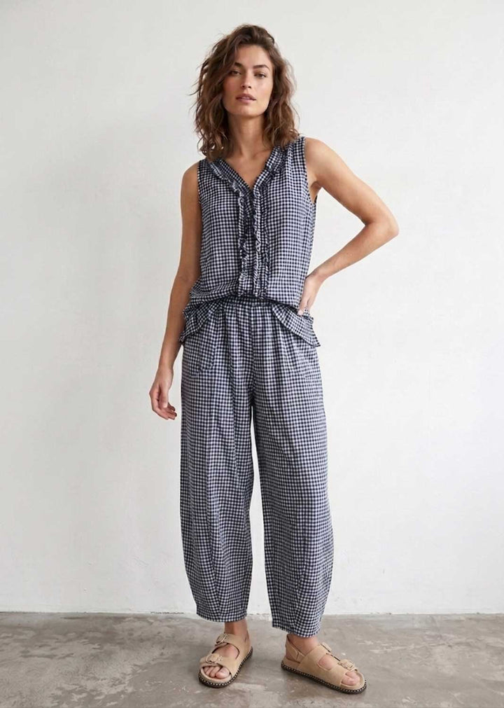 navy gingham barrel pants