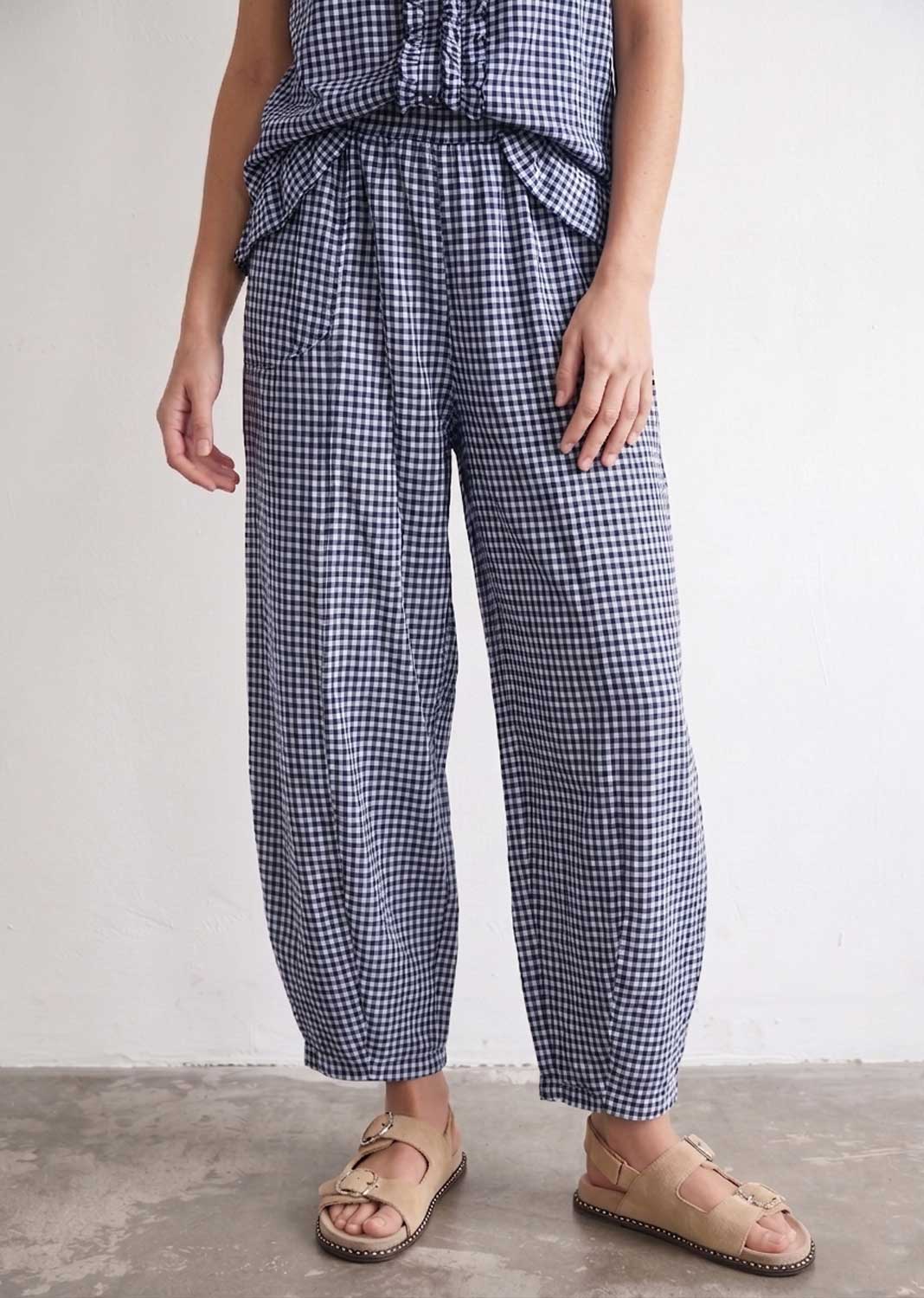 Haven Navy Gingham Barrel Pants