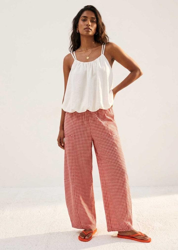 red gingham barrel pants