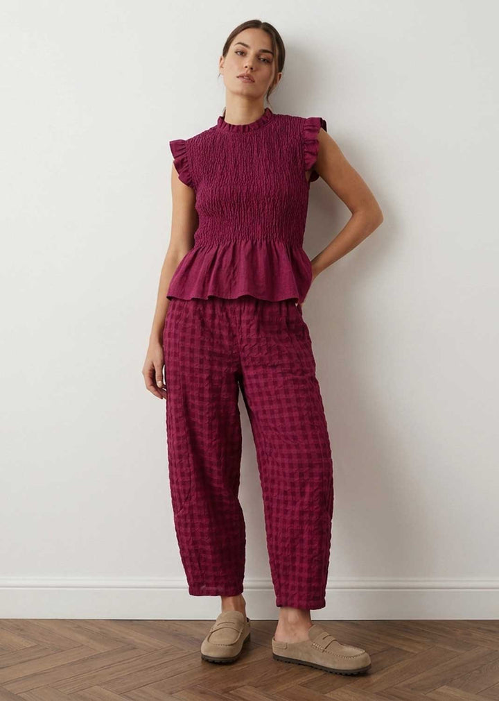 Hattie Burgundy Checked  Barrel Leg Pants