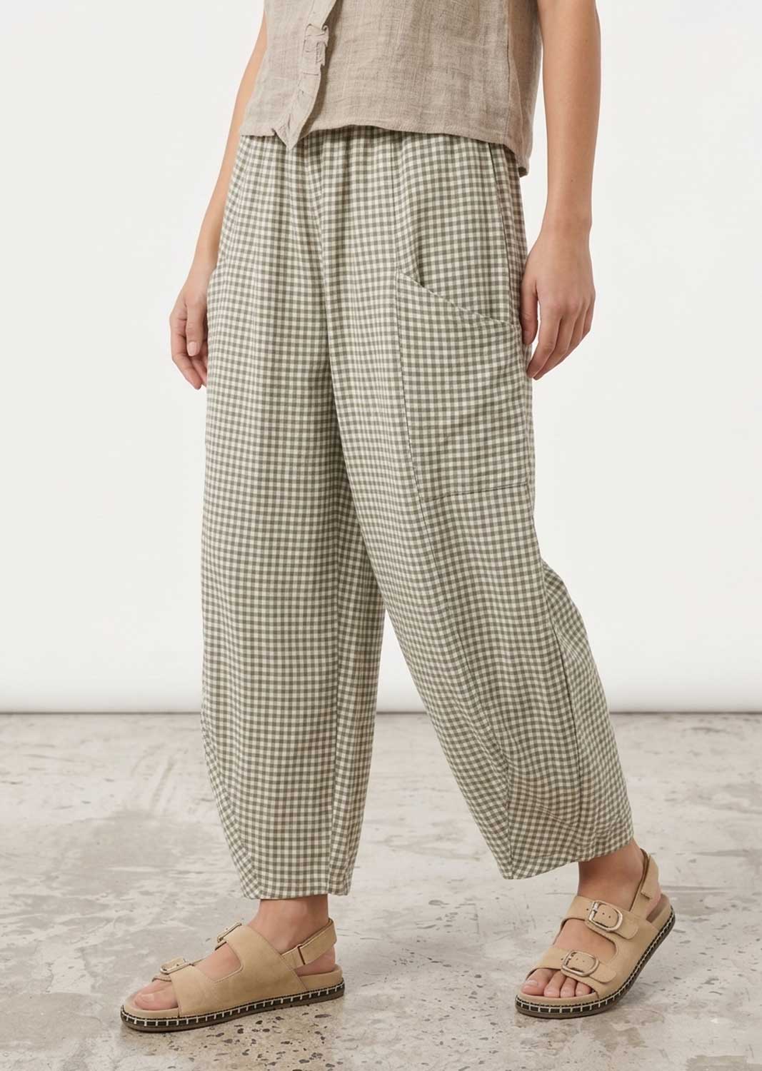 Green Gingham Barrel Pants