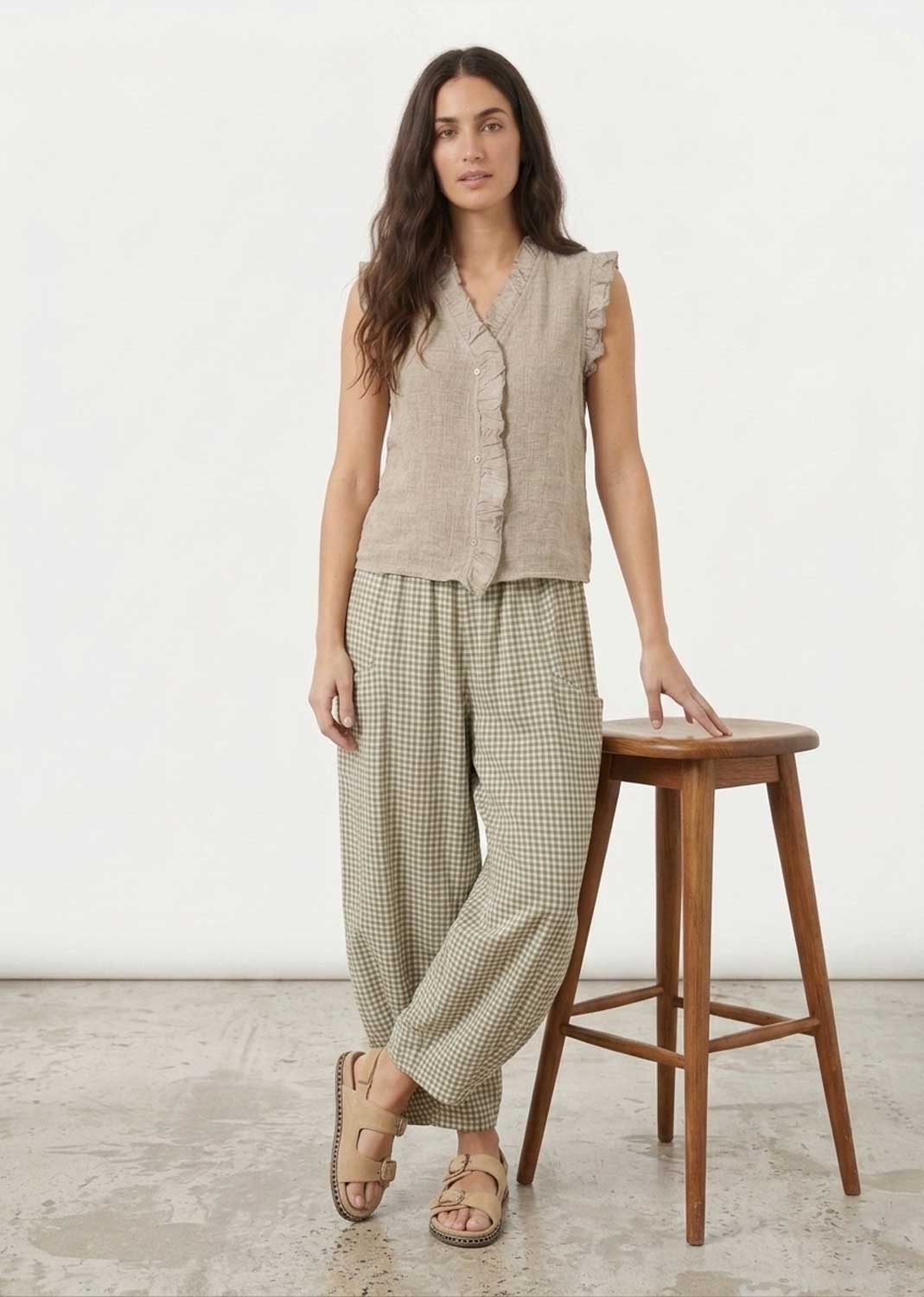 Green Gingham Barrel Pants