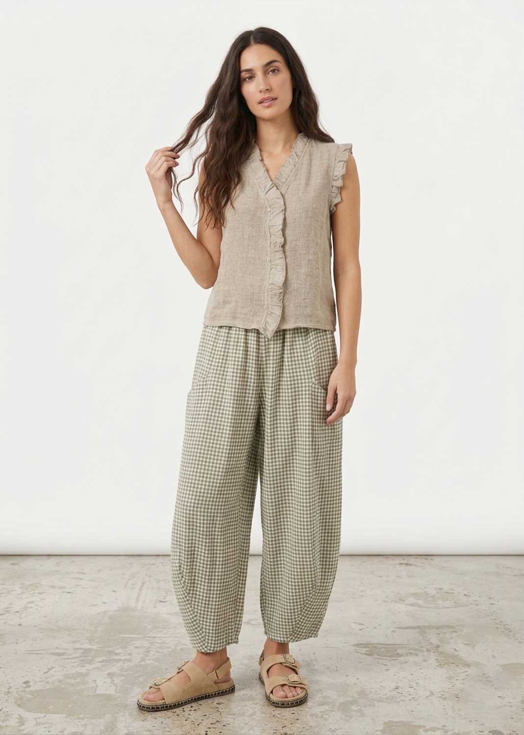 Haven  Green Gingham Barrel Leg Pants