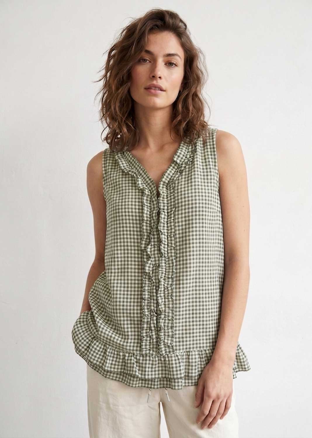 Haven Sage Gingham Frill Top