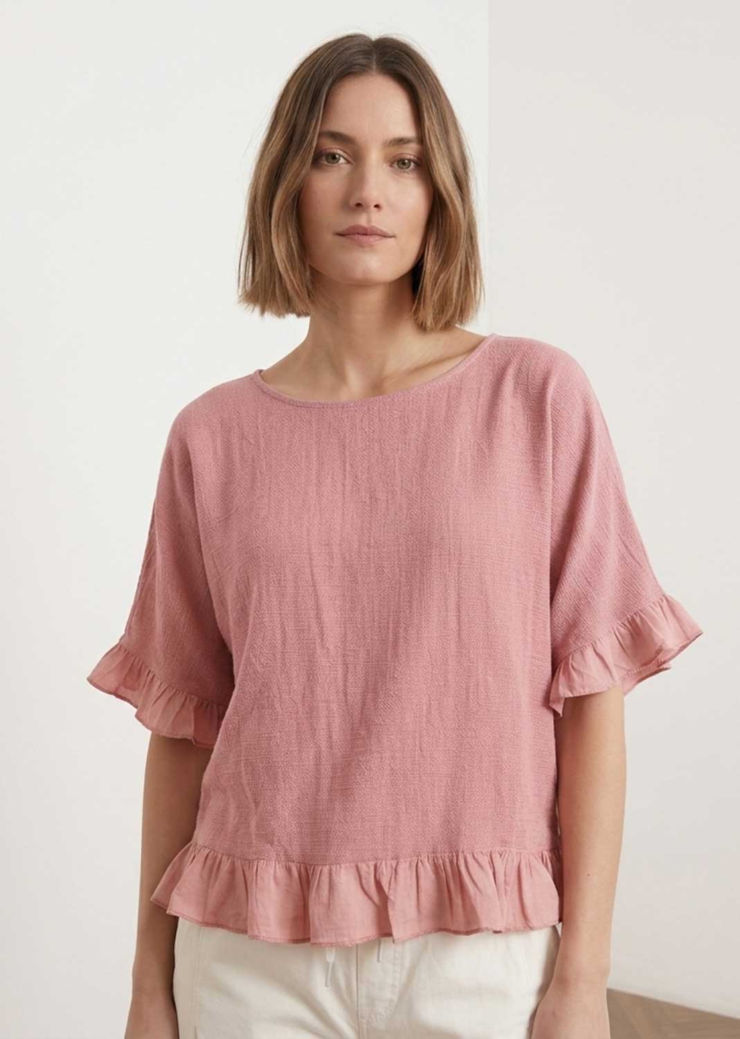 Hilary Pink Hopsack Frill Top
