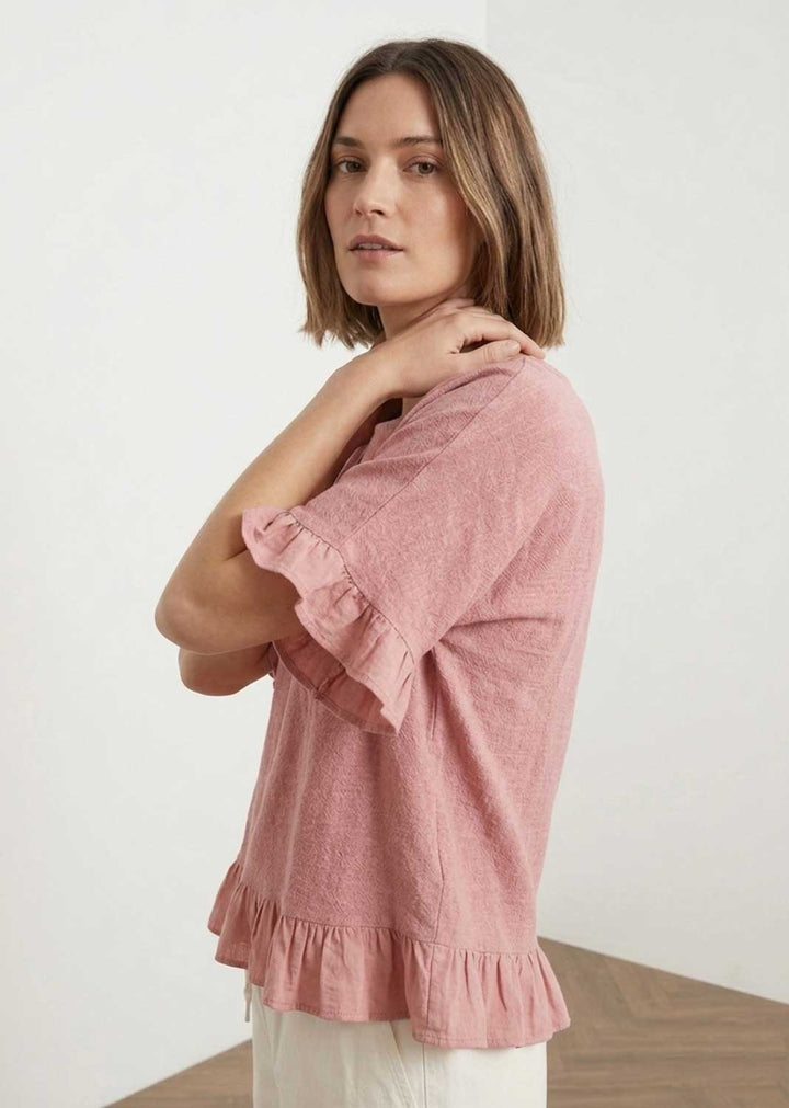 Hilary Pink Hopsack Frill Top