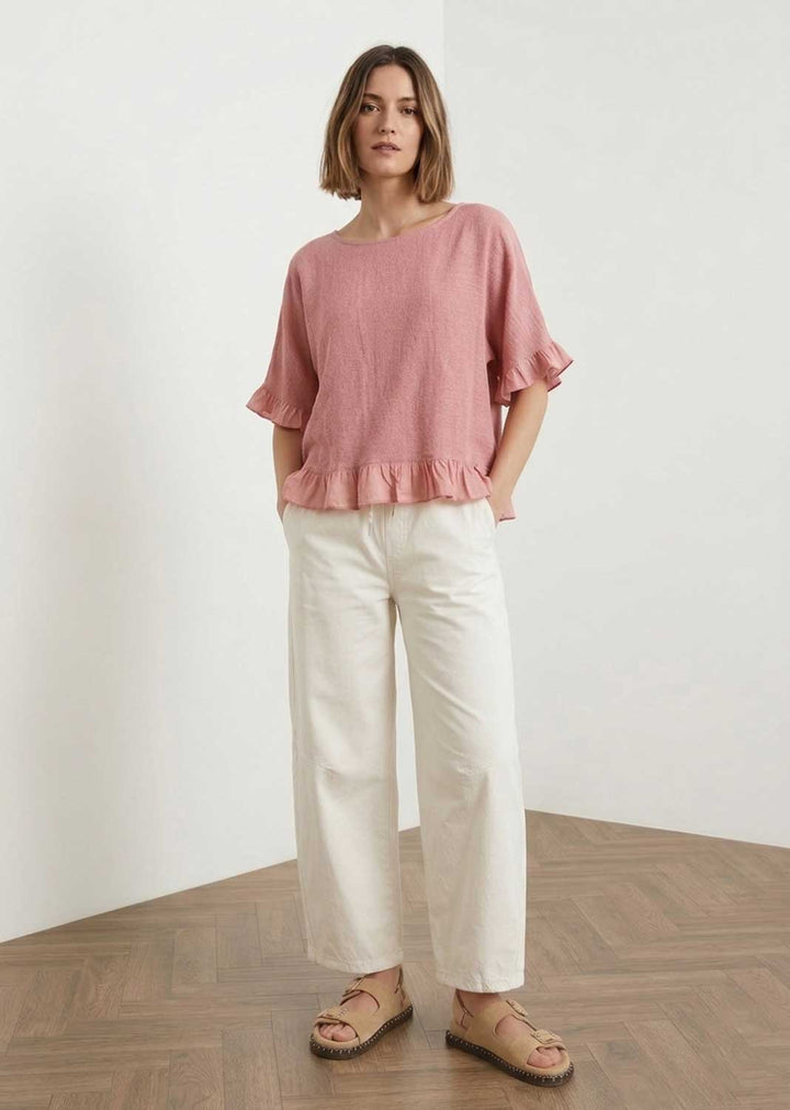 Hilary Pink Hopsack Frill Top