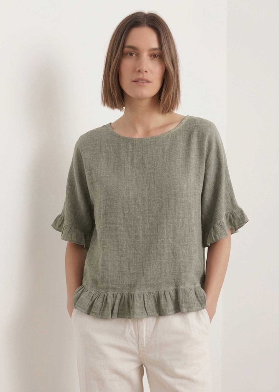 Hilary Pistachio Hopsack Frill Top