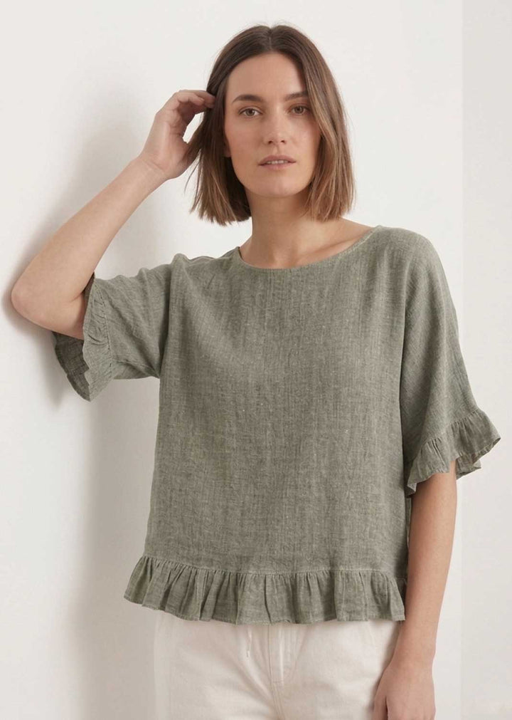 Hilary Pistachio Hopsack Frill Top