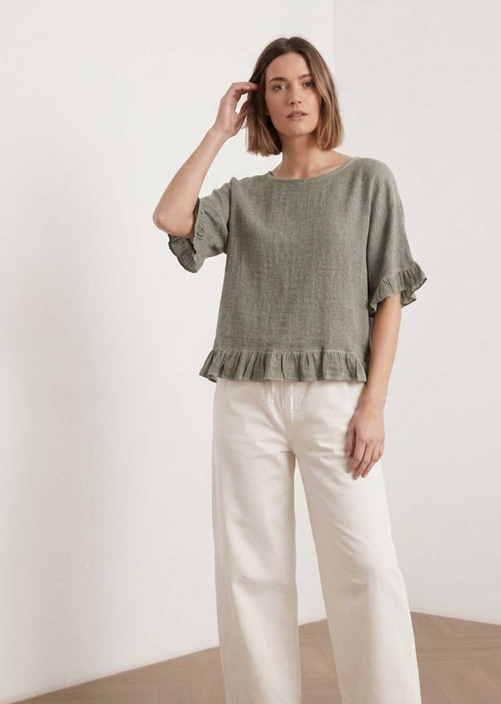 Hilary Pistachio Hopsack Frill Top