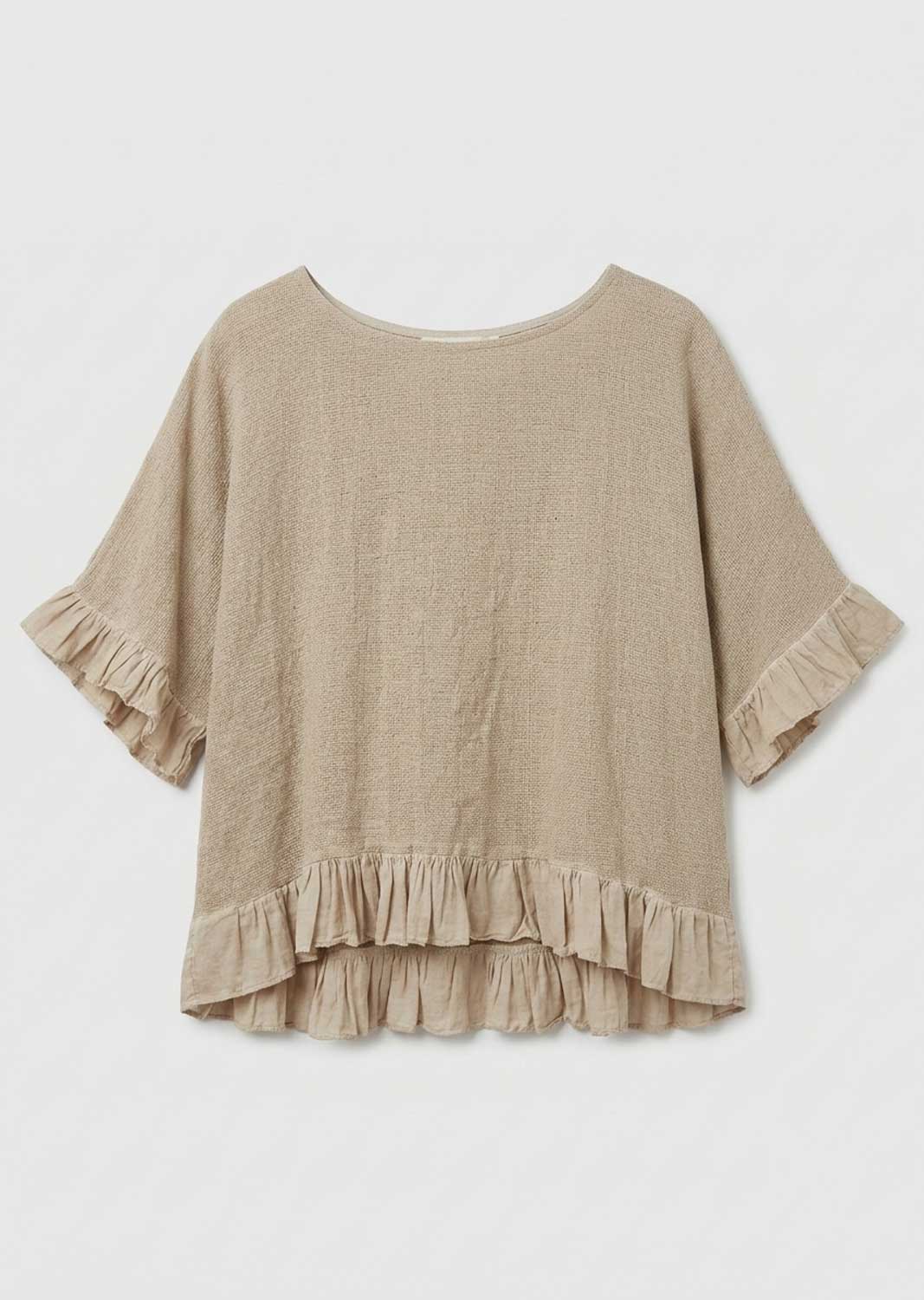 Beige blouse with ruffled sleeves and hem on a white background