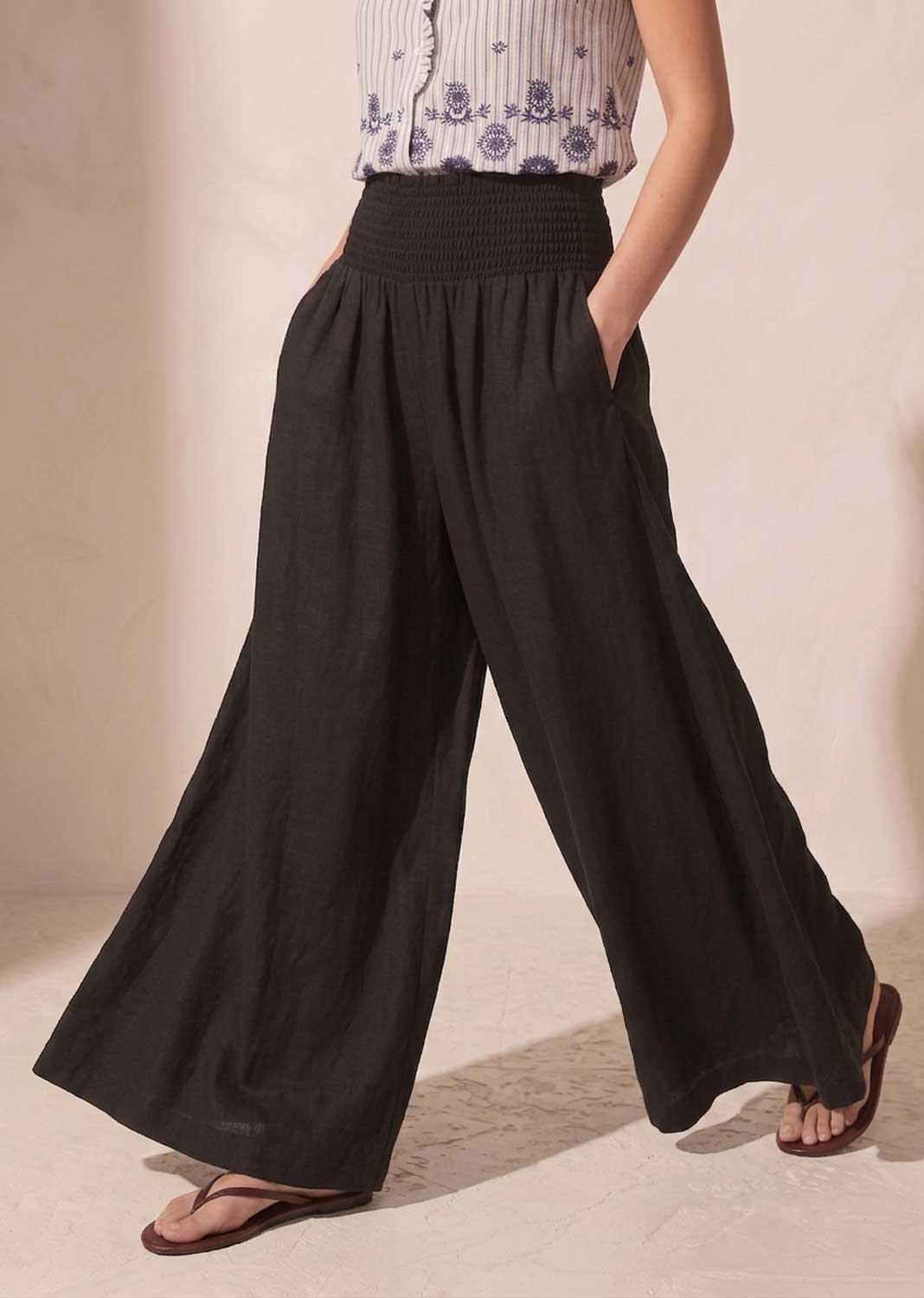 Honour Black Shirred Palazzo Pants