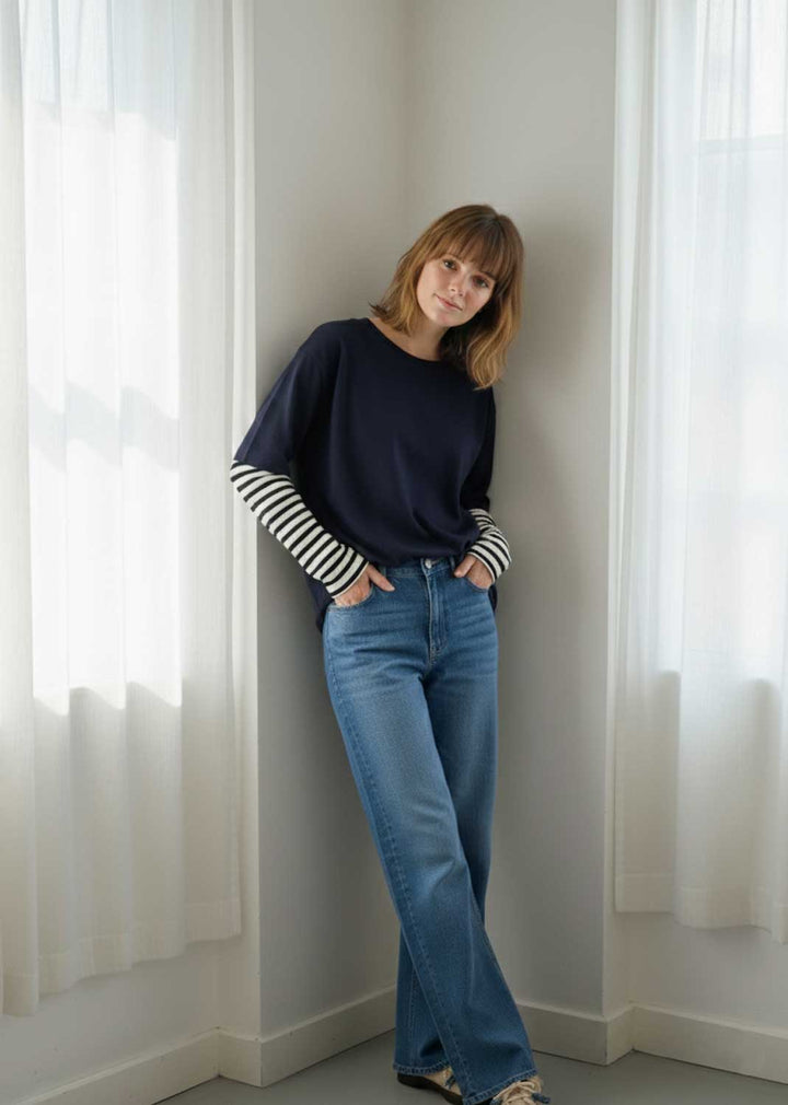 Indie Long Sleeve Oversized Tshirt Navy White