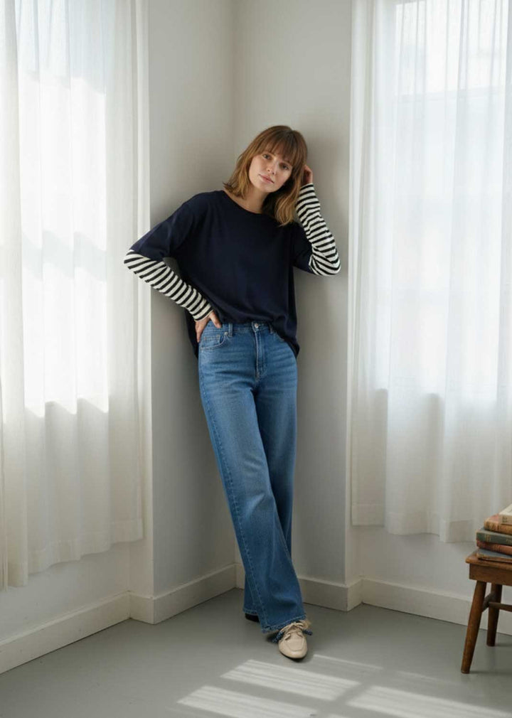Indie Long Sleeve Oversized Tshirt Navy White