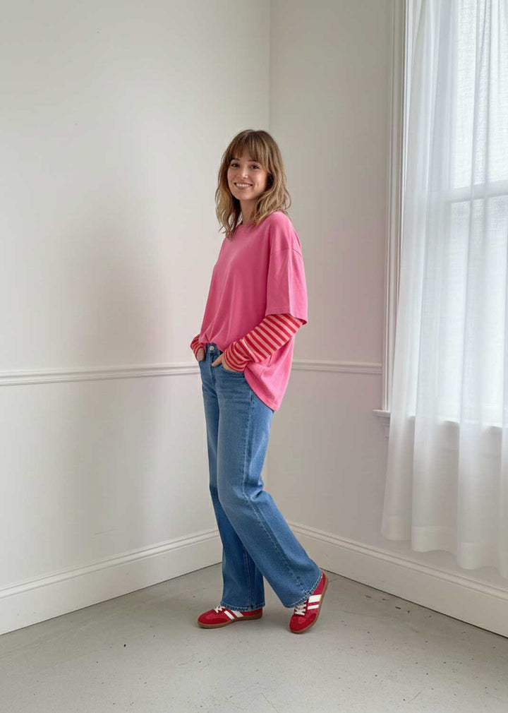 Indie Long Sleeve Oversized Tshirt Pink Red