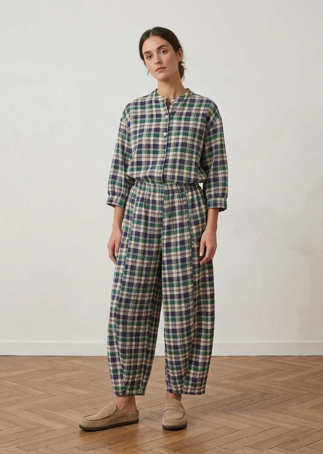 Kin Green Checked Barrel Pants