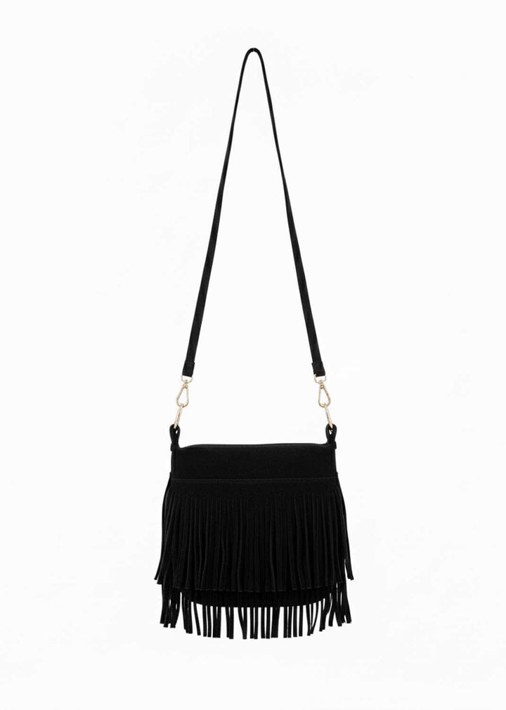 Lainey Suede Fringe Bucket Bag Black